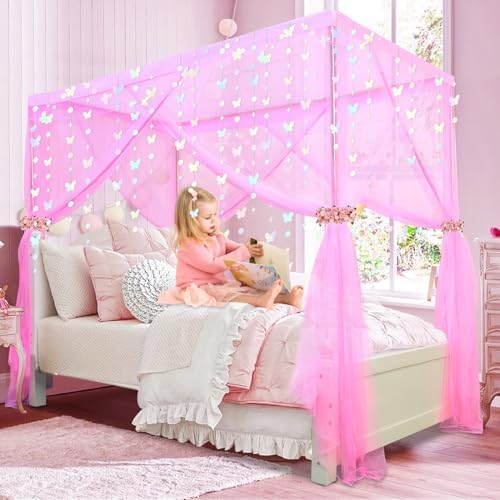 South to East Twin Canopy Bed Curtains for Girls, Pink Bed Canopy