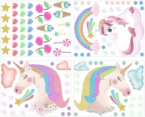 Glow in The Dark Unicorn Wall Stickers Decals, Removable Dots Stars Decals for Ceiling, Luminous Rainbow Wall Decal for Nursery, Room Decor Boys Girls Bedroom Playroom