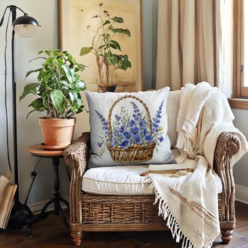 7COLORROOM 2Pack Blue Flower Pillow Covers Outdoor Garden Decoration Cushion Covers Farmhouse Rustic Colorful Spring Flower Home Décor Pillowcases 18x18 inch for Patio Sofa Bed(Blue)