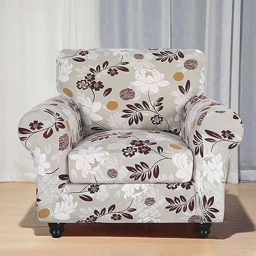SearchI Stretch Sofa Cover Printed Couch Covers, Floral Pattern 2 Piece Armchair Slipcover with Separate Chair Cushion Cover, Washable Furniture Protector for Living Room(Armchair, Brown Flowers)
