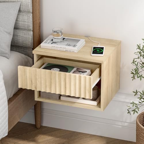 Floating nightstand Set of 2，Modern Fluted Bedside Tables with Drawer & Open Shelf Light Oak