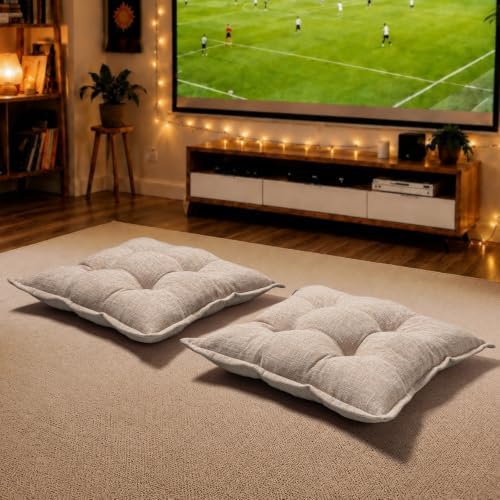 SINOSSO Floor Pillows Large Square 22x22 Inch, Minimalist Color-Block Meditation Cushions, Non-Slip Shredded Memory Foam Floor Cushions for Yoga, Reading, Tatami, Chair Seat, Beige, 2 Pack