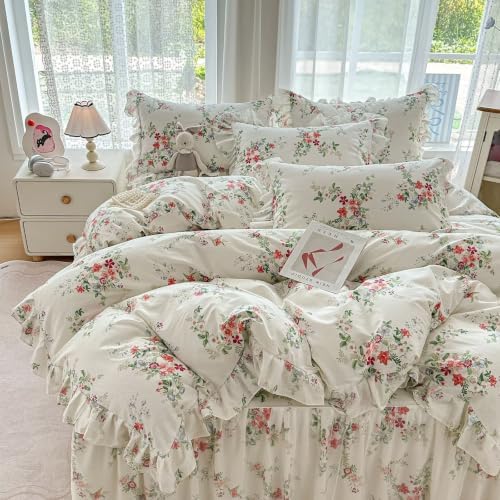 Cotton Duvet Cover Twin 3 Pcs, Cute Floral Ruffled Bedding 68"×86"