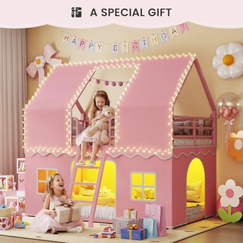 Girls Bunk Bed Twin Over Twin, House Loft Bed with LED Lights