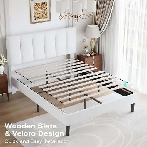 VECELO Full Size Bed Frame with Upholstered Headboard, Pure White