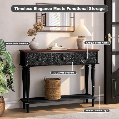 Vintage Console Table with 3 Embossed Floral Drawers for Entryway