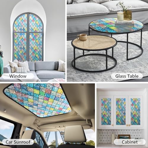 LEMON CLOUD Stained Glass Window Privacy Film Static Cling, 23.6″ x 157.4″