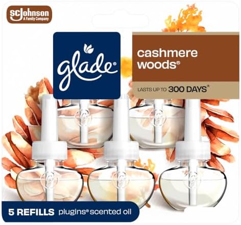 Glade PlugIns Refills Air Freshener, Scented and Essential Oils for Home and Bathroom, Cashmere Woods, 3.35 Fl Oz, 5 Count