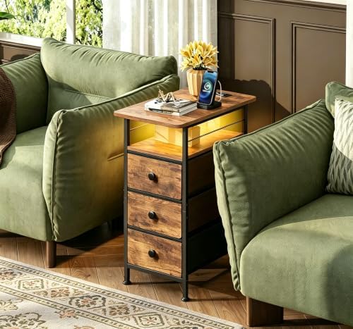 WLIVE Night Stand with Charging Station, End Table with 3 Fabric Drawers