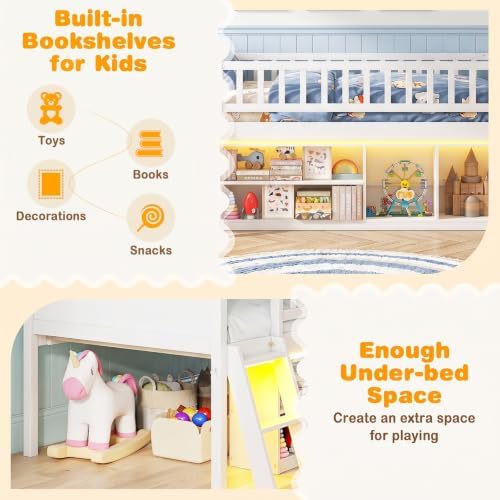 Giantex Low Loft Bed Twin Size with LED Lights, 2-Tier Storage Bookcase