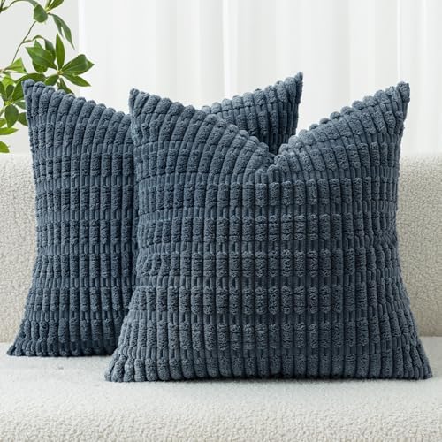 MIULEE Corduroy Decorative Throw Pillow Covers 16x16 Blue Pack of 2