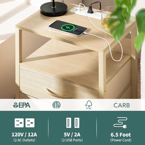 Yoobure Nightstand with Charging Station, Small Night Stand with Fabric Drawers and Storage Shelf for Bedrooms, Nightstands for Small Spaces, Bedside Table with USB Ports & Outlets, Bed Side Table