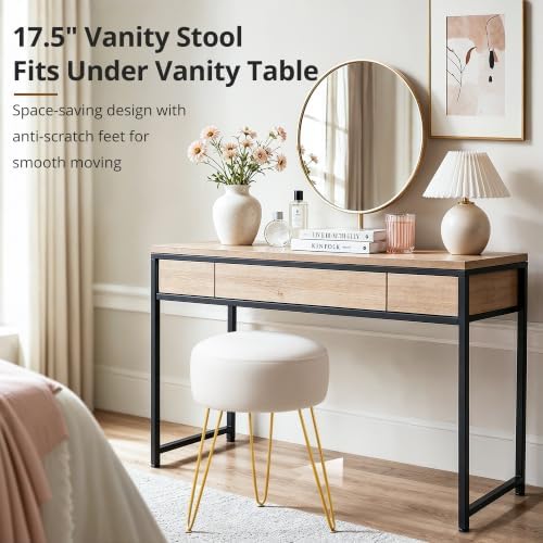 LUE BONA Vanity Stool, White Vanity Stools for Makeup Room, Round Ottoman Foot Stool, Velvet Footrest Vanity Chair for Bathroom Vanity, Bedroom, Living Room, Entryway, Offices