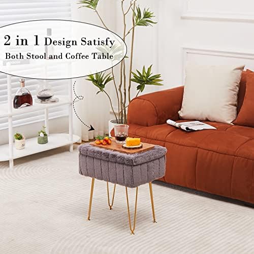 Wimarsbon Faux Mink Fur Storage Ottoman, Modern Soft Footstool, Storage Bench with Metal Legs, Vanity Seat, Fur Stool, Ottoman Coffee Table, Makeup Chair, Vanity Stools for Bedroom (Grey)