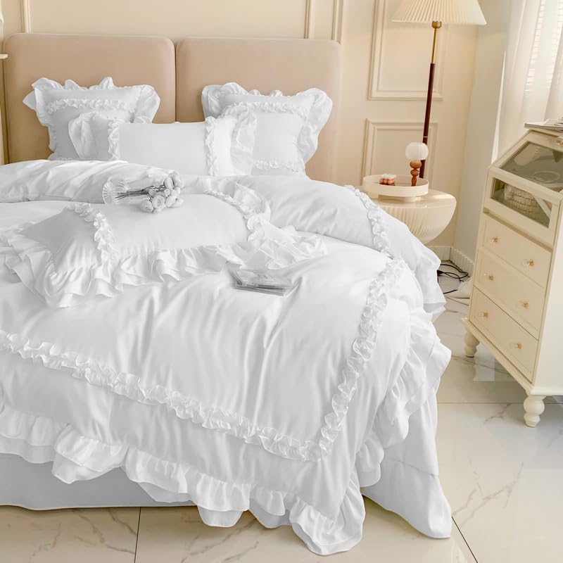 Girls Lace Bedding, Queen Comforter Cover Set, Chic Ruffled Duvet Cover with 2 Layers Ruffle,Princess Style 1 Duvet Cover with 2 Pillowcases, No Comforter-White,Queen Size