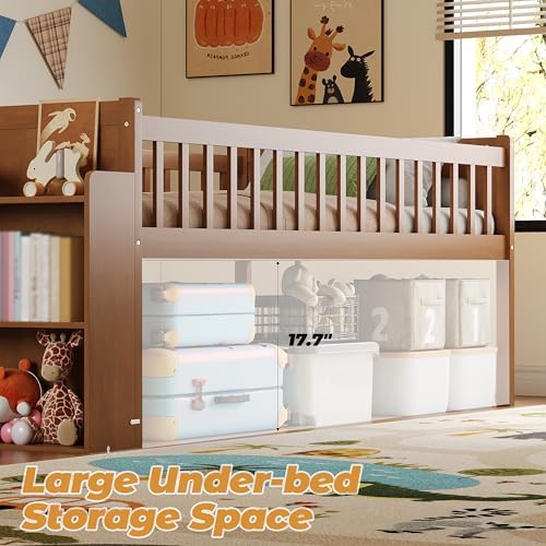 SOFTSEA Twin Size Low Loft Bed with Slide and Guardrails, Wood Loft Bed Frame with Storage Shelves for Kids, Natural