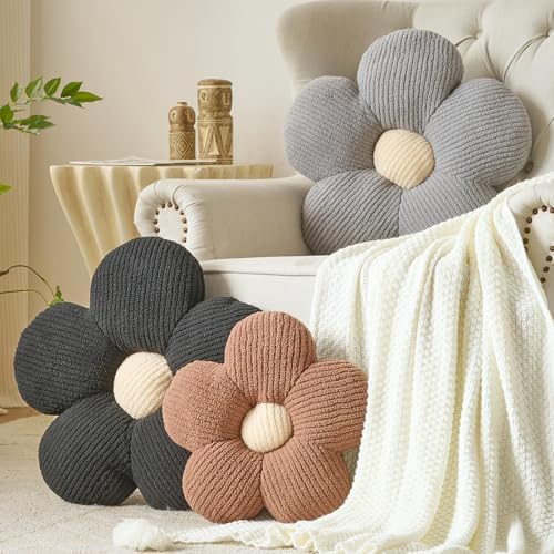 Flower Pillow, Decorative Throw Pillow for Couch, Cute Decor Pillows for Bed, Aesthetic Flower Shaped Pillow Fun Cushion (Brown, 14.9 Inches)