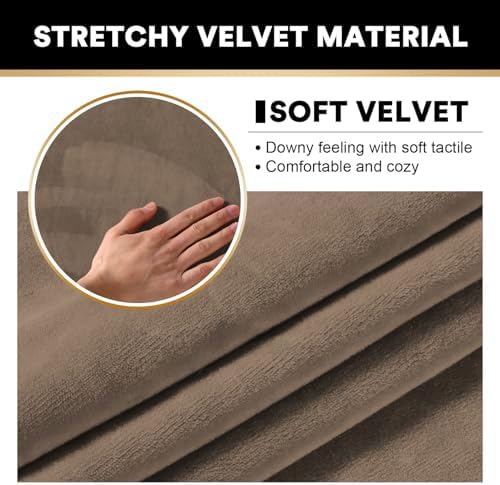 PrinceDeco Velvet Couch Covers for Sofa Soft 4 Pieces Couch Covers for 3 Cushion Couch Sofa Pet Friendly Furniture Protector with Non Slip Elastic Bottom Width Up to 90 Inch (Large, Mocha)