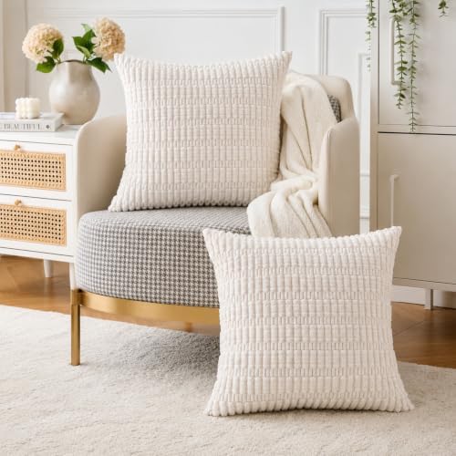 Pack of 2 Corduroy Decorative Throw Pillow Covers 22x22 Inch, Cream White