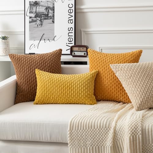 Kevin Textile Soft Corduroy 16x16 Inch Pillow Covers 2 Pack, Gold Yellow