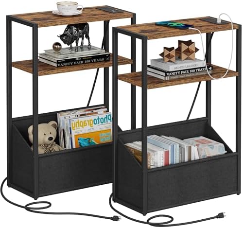 TUTOTAK Narrow Side Tables with Charging Station, Slim End Tables Set of 2