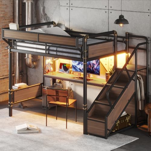 Bellemave Full Metal Loft Bed with Stairs and Desk for Kids,Adults,Black