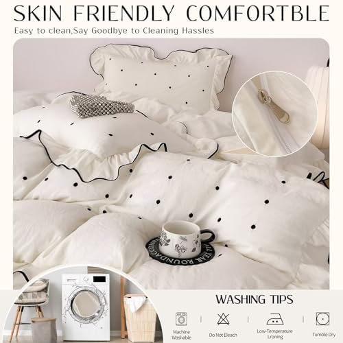 Duvet Cover Twin XL Beige Polka Dot 3 Pcs(1 Duvet Cover with 2 Pillowcases),Soft Washed All Seasons Comforter Covers with Ruffles,Twin XL Bedding Set for Teen Girls 68"×90"
