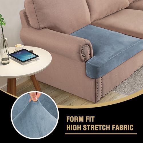 H.VERSAILTEX Stretch Velvet 2 Piece T Cushion Sofa Slipcovers - Individually Fitting Cushion Covers for 2 Couch Seat Cushions - Stay in Place (Stormy Blue)