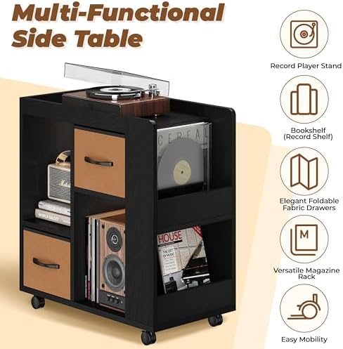 Yaheetech Narrow End Table Storage Drawer Rolling Shelves, Black