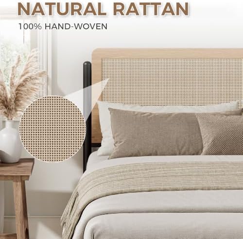 LIKIMIO Natural Rattan Full Size Bed Frame with Wooden Headboard