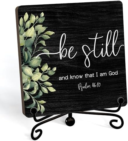 Inspirational Christian Desk Decor, Be Still And Know That I Am God Sign, Desk Decorations For Office Home Living Room Bathroom, Eucalyptus Shelf Decor, Wooden Plaque With Stand (01)