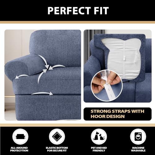 3 Pieces Sofa Covers fot T Cushion Loveseat Slipcover, Sofa Stretch Slip Covers for 2 Cushion Couch with 2 Individual T Shape Seat Covers (Blue Gray, 2 Cushion)