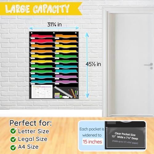 22 Pockets Hanging Wall File Organizer for Legal/ Letter Size Paper, Over the Door Organizer, 31¾" x 45½" Pocket Chart for Classroom, Office, Warehouse, Home Use with 24 Name Tags & 6 Hooks