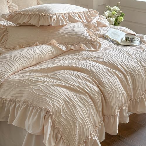 Vintage Ruffled Duvet Cover Full Size - 3Pcs Khaki Wavy Jacquard Bedding