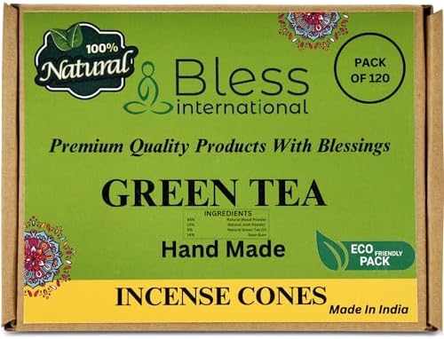Bless International Green-Tea 100%-Natural-Incense-Cones Handmade-Hand-Dipped Organic-Chemicals-Free for-Purification-Relaxation-Positivity-Yoga-Meditation The-Best-scents (120 Count)