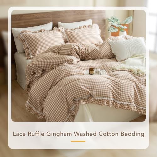3PCs Khaki Plaid Lace Ruffled Duvet Cover Set King Size Washed Cotton Tan Gingham Shabby Vintage Boho Chic Comforter Cover Set Farmhouse Ultra Soft Bedding Quilt Cover King with Pillow Shams