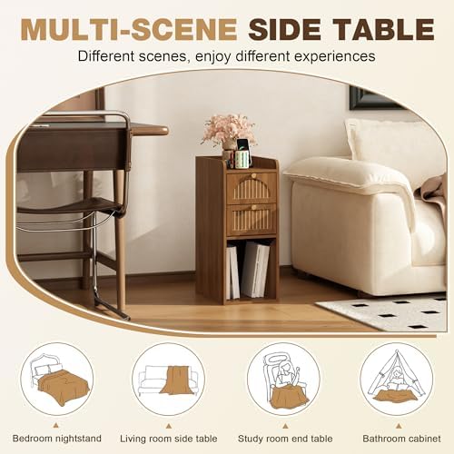 9.84" Narrow Nightstand Set of 2, Fluted Slim Bedside Table with 2 Drawers, Mid Century Modern Small End Table with Gold Metal Handles, for Bedroom, Living Room & Small Spaces - Walnut