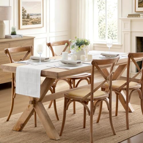 ZeeMart Linen Checked Farmhouse Table Runner, 13x90 Inches Bright White