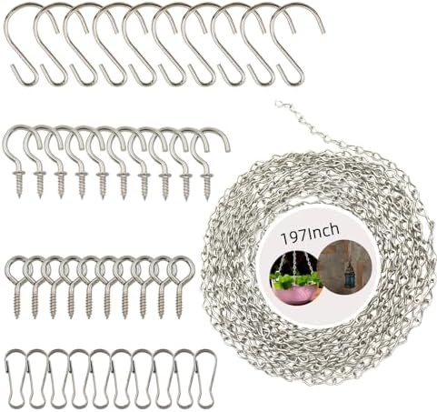 YINGFENG 197 Inch DIY Silver Hanging Basket Chains, Adjustable Length, Decorative Metal Chain with Hooks for Hanging Bird Feeders, Planters, Ornaments