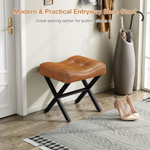 Memobarco 18-Inch Large Leather Vanity Stool Chair, Brown Makeup Stool