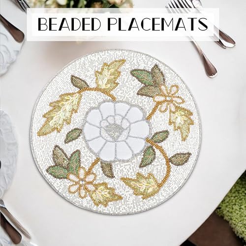 Beaded Round Placemat 13 Inch,Gold Ivory Multi Floral Leaf Design Table Mat