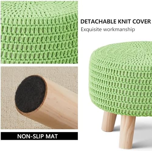 13" Round Handmade Cotton Knitted Boho Small Ottoman with Non-Skid Wood Leg