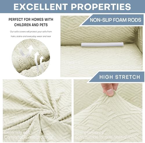 ZNSAYOTX 1 Piece Jacquard Couch Covers for 2 Cushion Couch High Stretch Loveseat Slipcover for Pets Dogs Anti Slip Love Seat Sofa Slipcover Furniture Protector (Medium,New Pattern Light Beige)