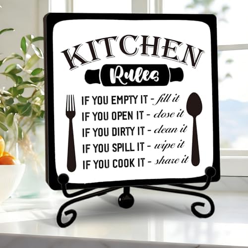 DETIHO Farmhouse Kitchen Decor, Rustic Kitchen Rules Sign Counter Decor