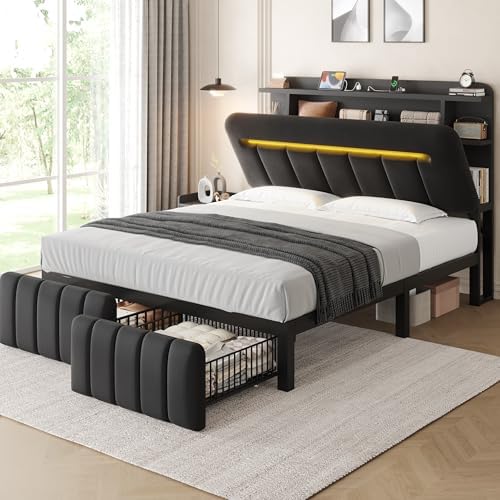 Jocoevol Queen Bed Frame with Storage Headboard,Upholstered Black Bed Frame Queen Size with Storage Drawers and Charging Station,Velvet Platform Metal Bed, Noise-Free, No Box Spring Needed