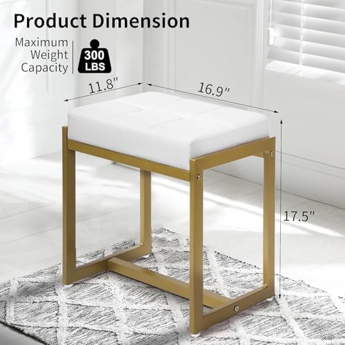 Vanity Stool, Vanity Chair Stools for Makeup Room, Faux Leather Small Makeup Bench, Modern Gold Metal Legs Ottoman Foot Rest for Bedroom Living Room, White & Gold