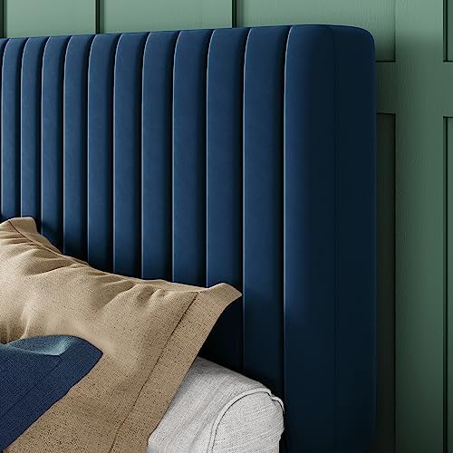 Allewie Full Bed Frame, Velvet Upholstered Platform Bed with Adjustable Vertical Channel Tufted Headboard, Mattress Foundation with Strong Wooden Slats, Box Spring Optional, Easy Assembly, Navy Blue