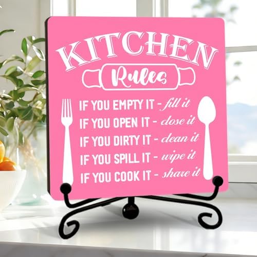 DETIHO Farmhouse Kitchen Decor, Rustic Kitchen Rules Sign Counter Decor