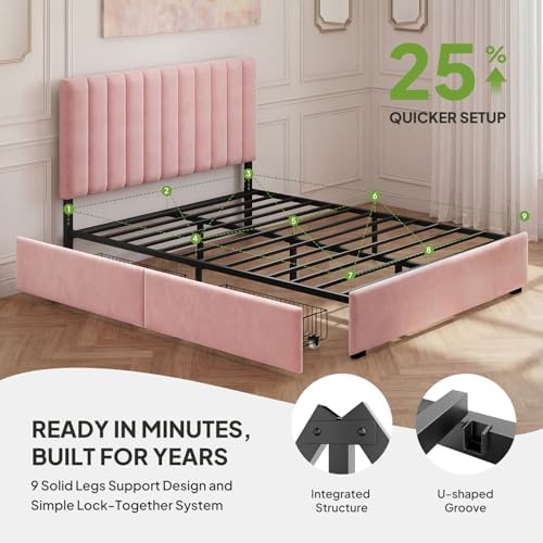 Welzona Full Size Upholstered Bed Frame with Headboard & 2 Drawers, Pink