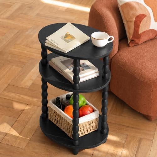 3-Tier Oval Side Table, Small End Table with Solid Wood Spindle Legs Black
